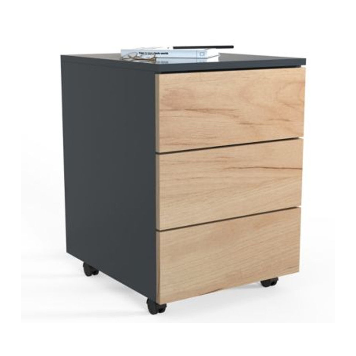 Rollcontainer Dalosa mit 3 grifflosen Schubladen aus Holz in Anthrazit und Honig-Eiche, B/T/H: 39 x 45 x 55 cm - Bild 2