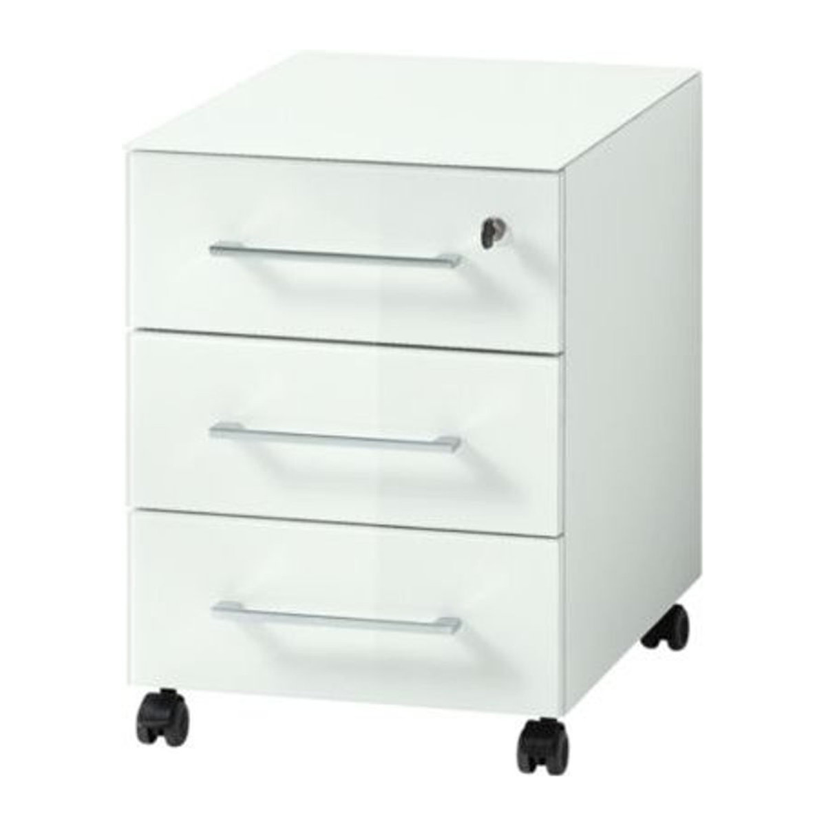 Rollcontainer MONTERIA mit 3 Schubladen, Glasfront und Selbsteinzug, Weiß/Chrom, B: 40 cm, T: 50 cm, H: 55 cm - Bild 1