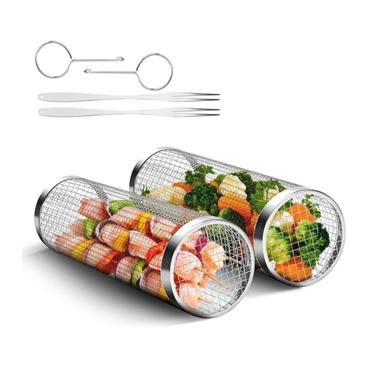 Rolling Grillkorb aus Edelstahl für Outdoor, Picknick und Camping, zylindrisches Mesh-Grillrack - Bild 1