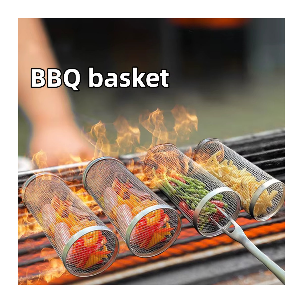 Rolling Grillkorb aus Edelstahl für Outdoor, Picknick und Camping, zylindrisches Mesh-Grillrack - Bild 5