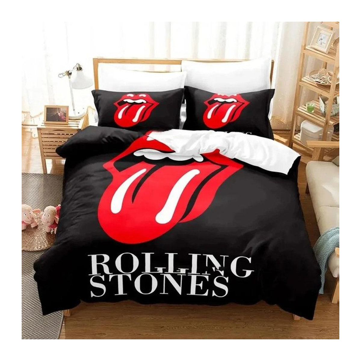 Rolling Stones Logo Bettwäsche-Set mit 3-teiligem Design in Schwarz, B/H: 150 x 200 cm - Bild 1