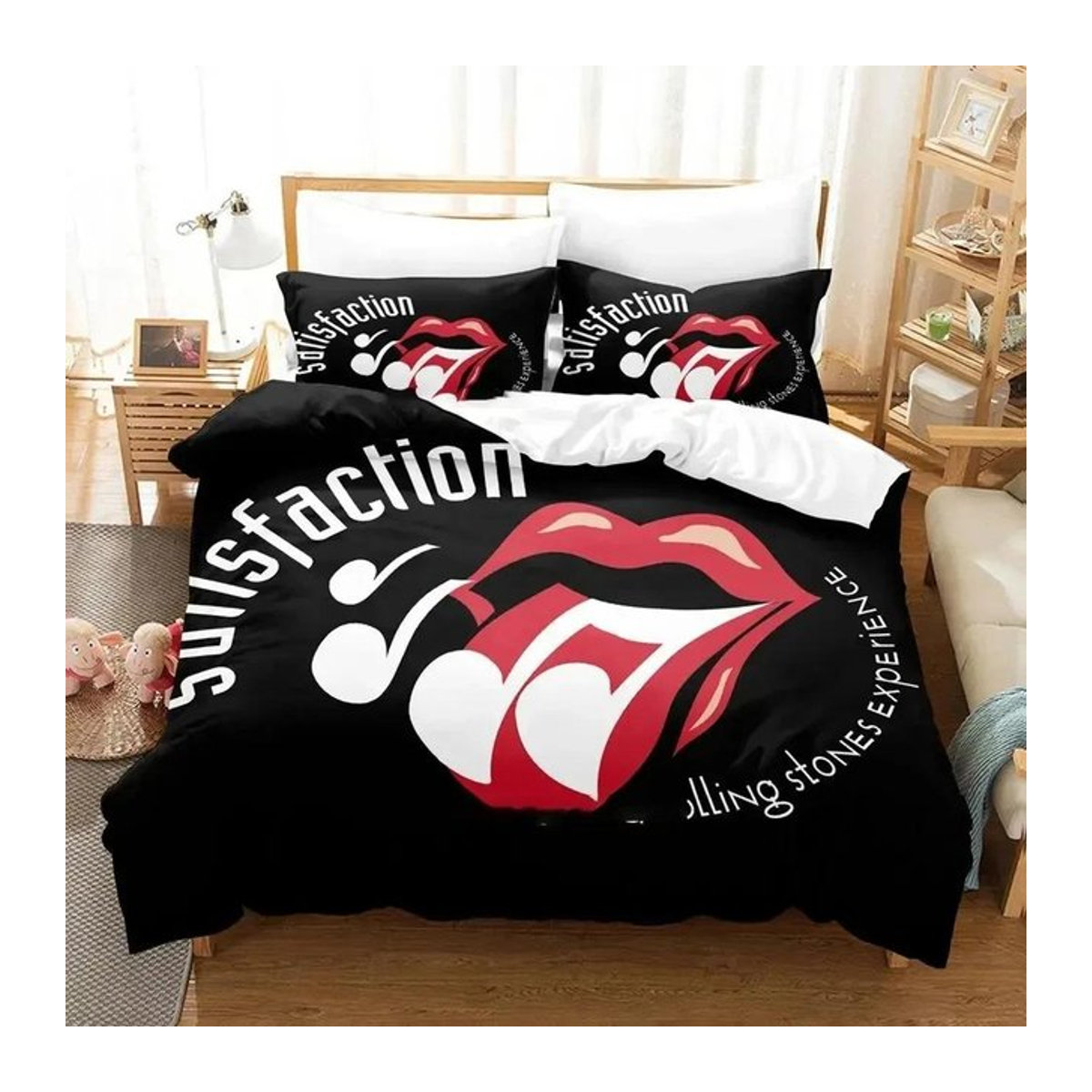 Rolling Stones Logo Bettwäsche-Set mit 3-teiligem Design in Schwarz, B/H: 200 x 200 cm - Bild 1