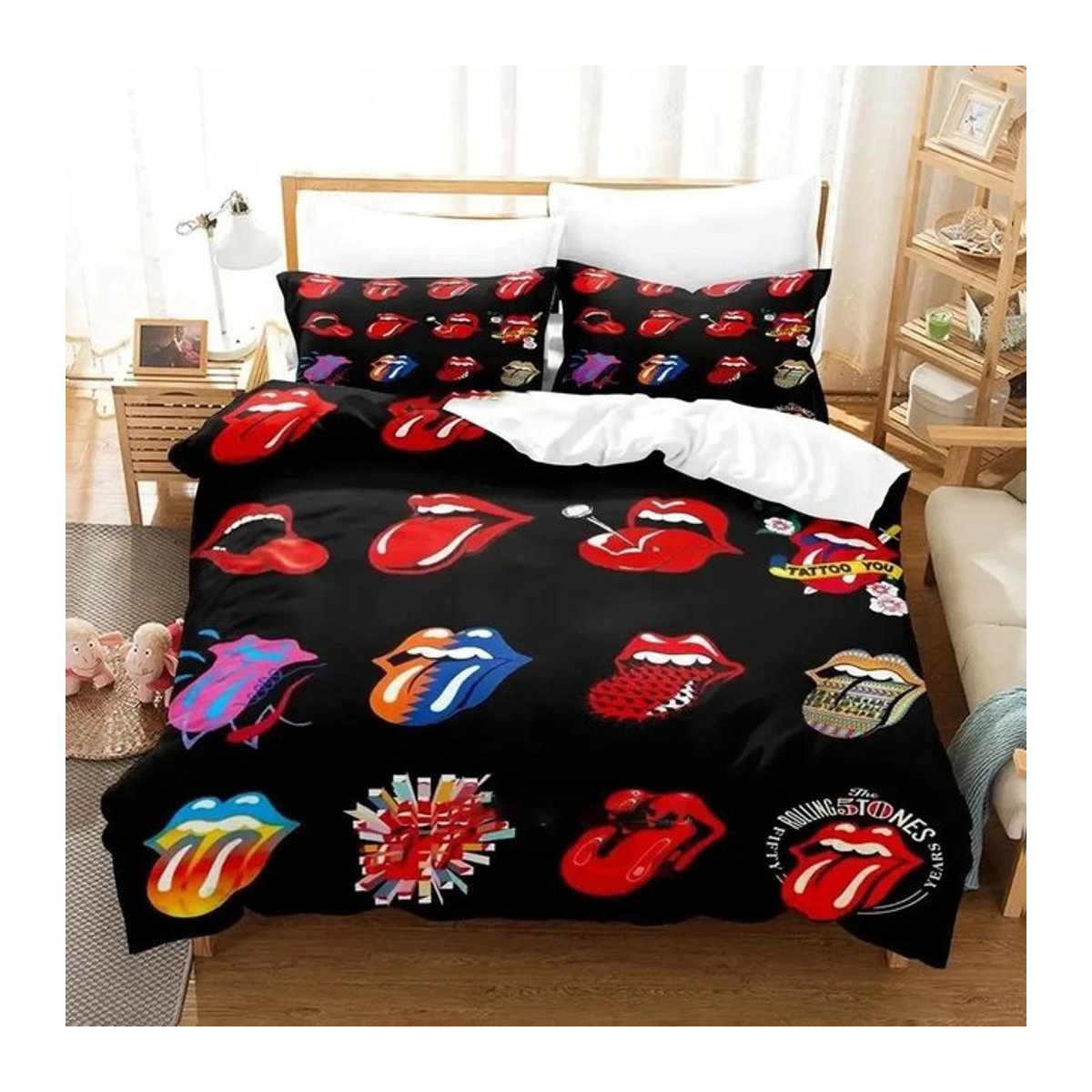 Rolling Stones Logo Bettwäsche-Set mit 3D-Druck in Schwarz, B/H: 140 x 200 cm - Bild 1