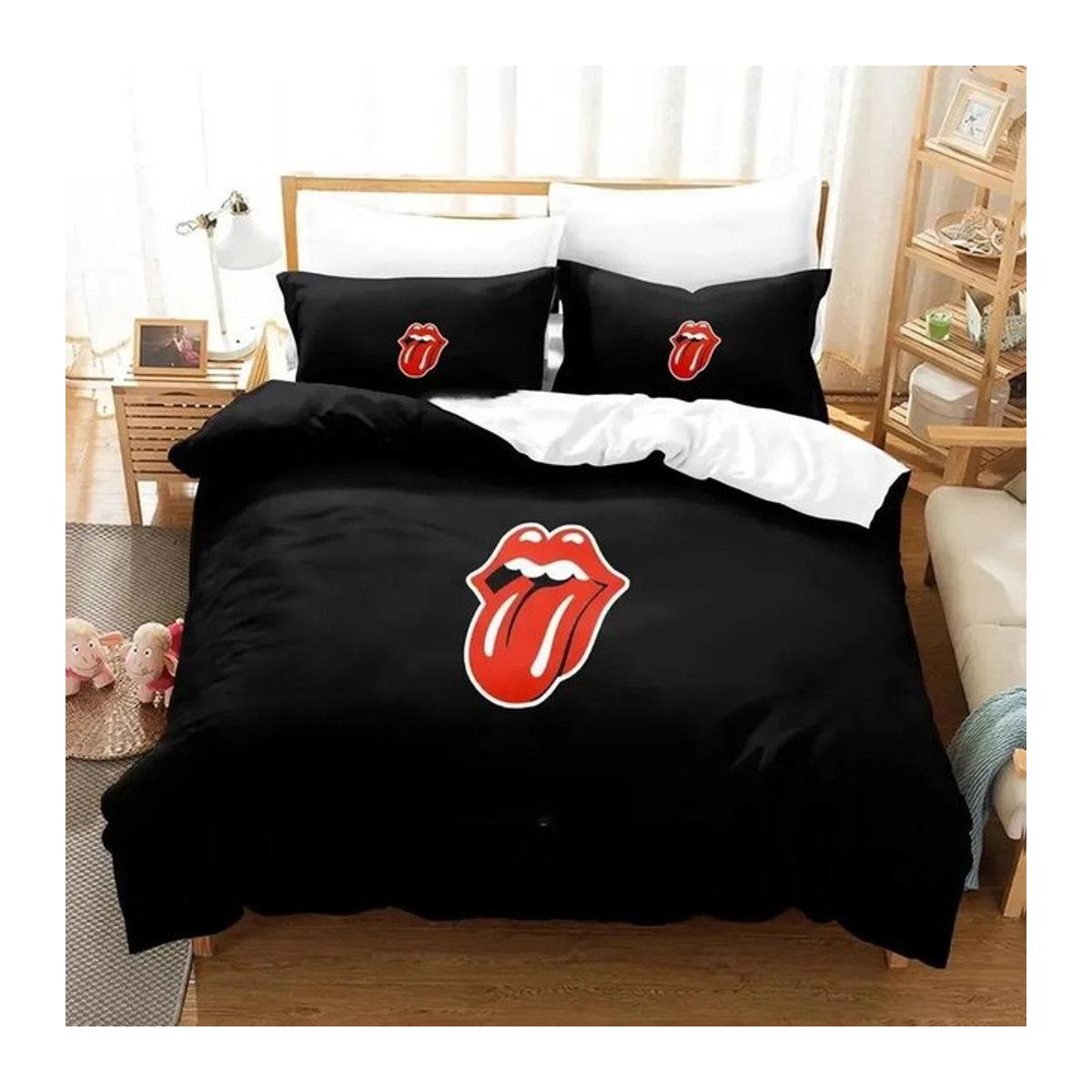 Rolling Stones Logo Bettwäsche-Set mit 3D-Druck in Schwarz, bestehend aus Bettbezug und Kissenbezügen, Breite: 70 cm, Länge: 133 cm - Bild 1