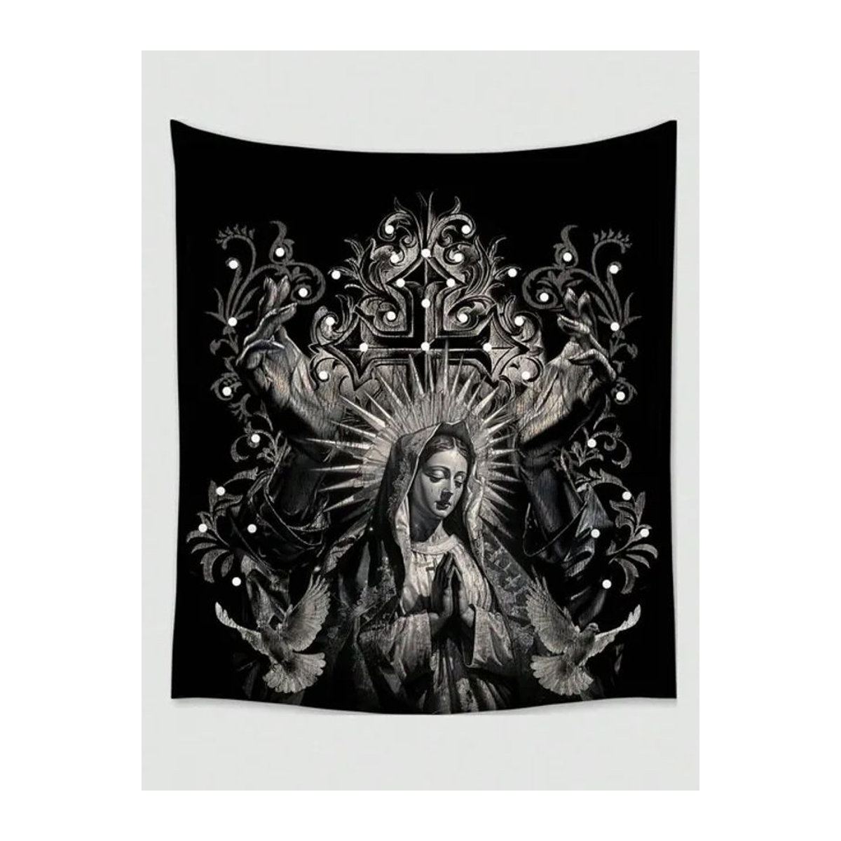 ROMWE Goth Dark Holy Lady Dove Cross Wandteppich aus Polyester in Schwarz, Wandbehang mit Engel und Taube, B/H: 60 x 40 cm - Bild 1