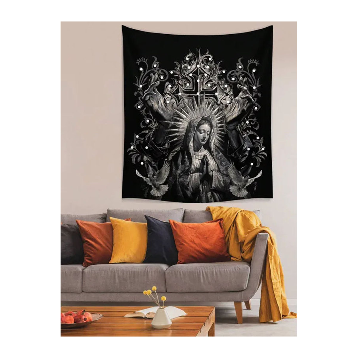 ROMWE Goth Dark Holy Lady Dove Cross Wandteppich aus Polyester in Schwarz, Wandbehang mit Engel und Taube, B/H: 60 x 40 cm - Bild 2