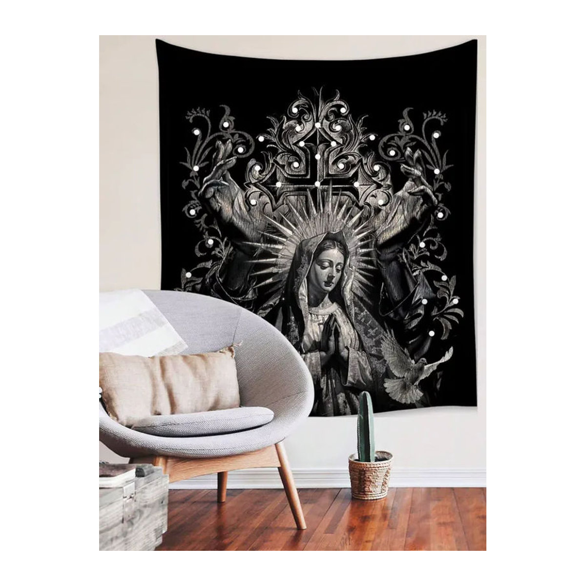ROMWE Goth Dark Holy Lady Dove Cross Wandteppich aus Polyester in Schwarz, Wandbehang mit Engel und Taube, B/H: 60 x 40 cm - Bild 3