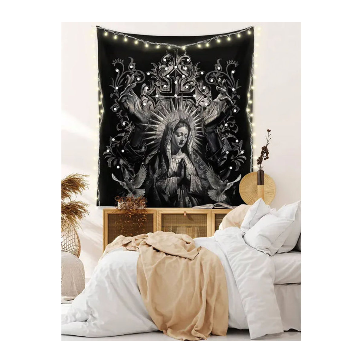 ROMWE Goth Dark Holy Lady Dove Cross Wandteppich aus Polyester in Schwarz, Wandbehang mit Engel und Taube, B/H: 60 x 40 cm - Bild 5