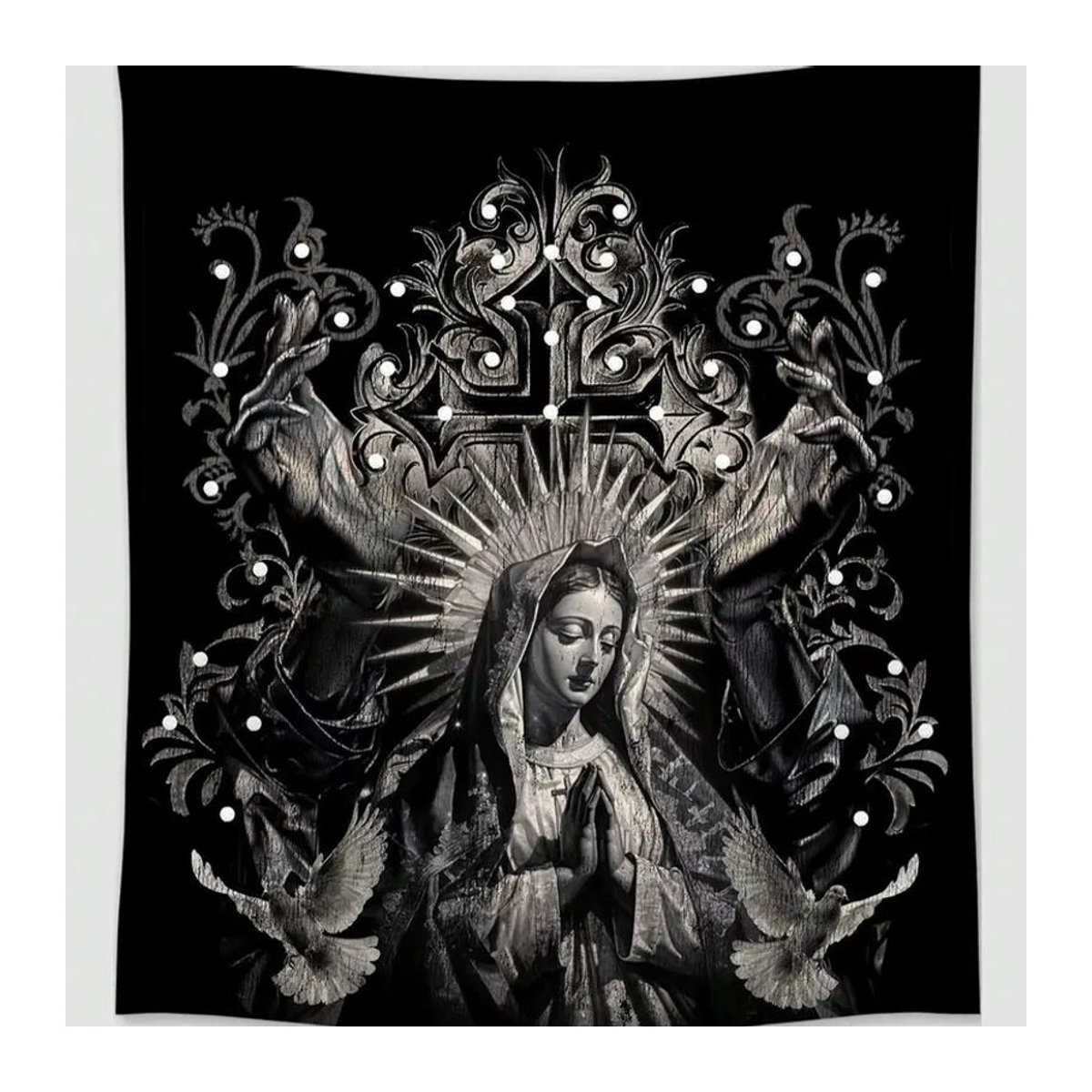 ROMWE Goth Dark Holy Lady Dove Cross Wandteppich aus Polyester in Schwarz, Wandbehang mit Engel und Taube, B/H: 60 x 40 cm - Bild 6