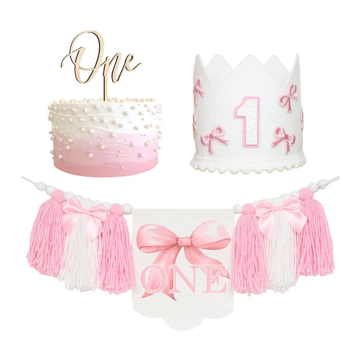 Rosa Geburtstag Dekoration für Mädchen zum 1. Geburtstag mit Hochstuhl Banner, Krone, Hut und Schmetterlingen - Bild 1