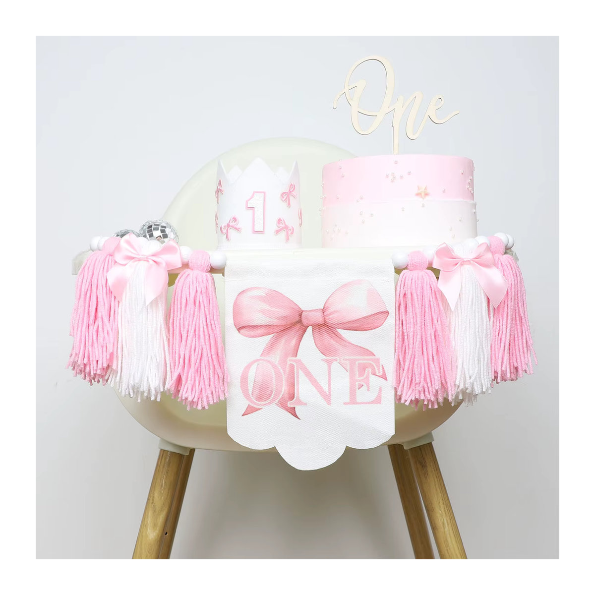 Rosa Geburtstag Dekoration für Mädchen zum 1. Geburtstag mit Hochstuhl Banner, Krone, Hut und Schmetterlingen - Bild 2