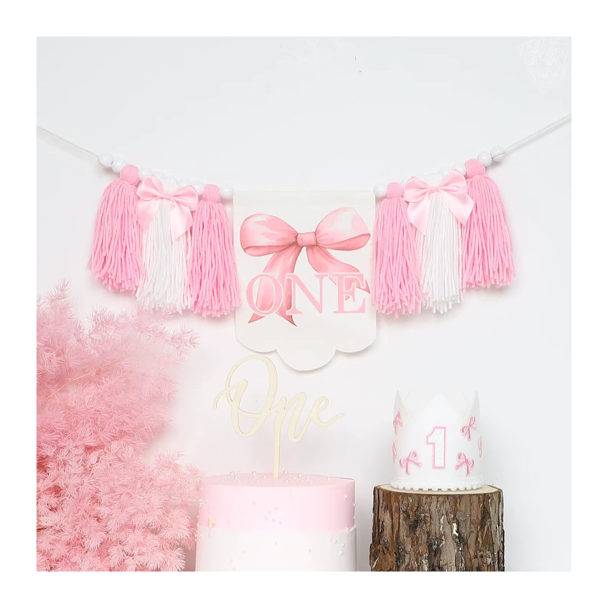 Rosa Geburtstag Dekoration für Mädchen zum 1. Geburtstag mit Hochstuhl Banner, Krone, Hut und Schmetterlingen - Bild 3