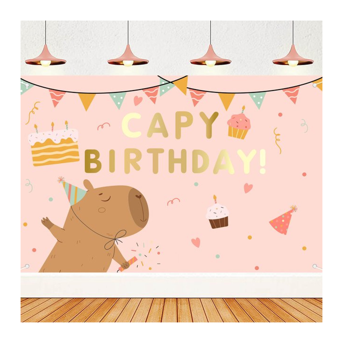 Rosa Geburtstagshintergrund mit Cartoon-Capybara als hängende Wanddekoration für Kinder - Bild 1