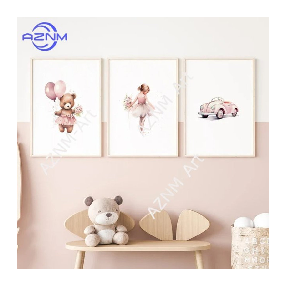 Rosa Kinder-Galerie-Wandbilder als rahmenlose Leinwanddrucke mit Ballonbär, Ballerina und Auto für dein Kinderzimmer - Bild 1