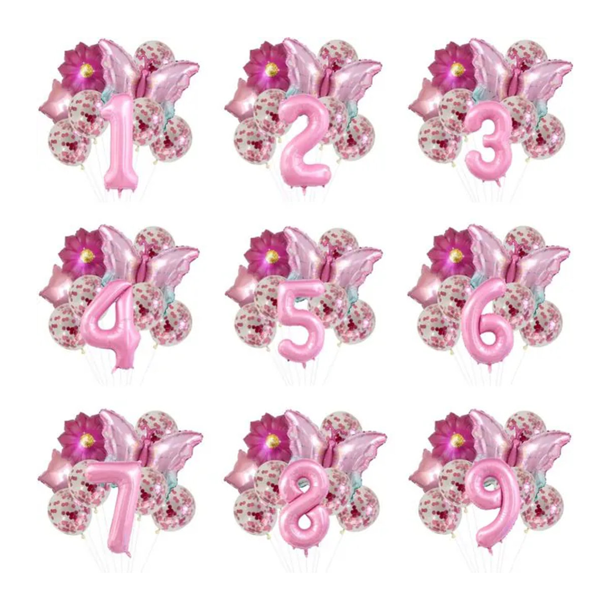 Rosa Latex-Pailletten-Ballon-Set mit Schmetterlingen, Blumen, Zahlen und Sternen für Geburtstage und Jubiläen - Bild 1