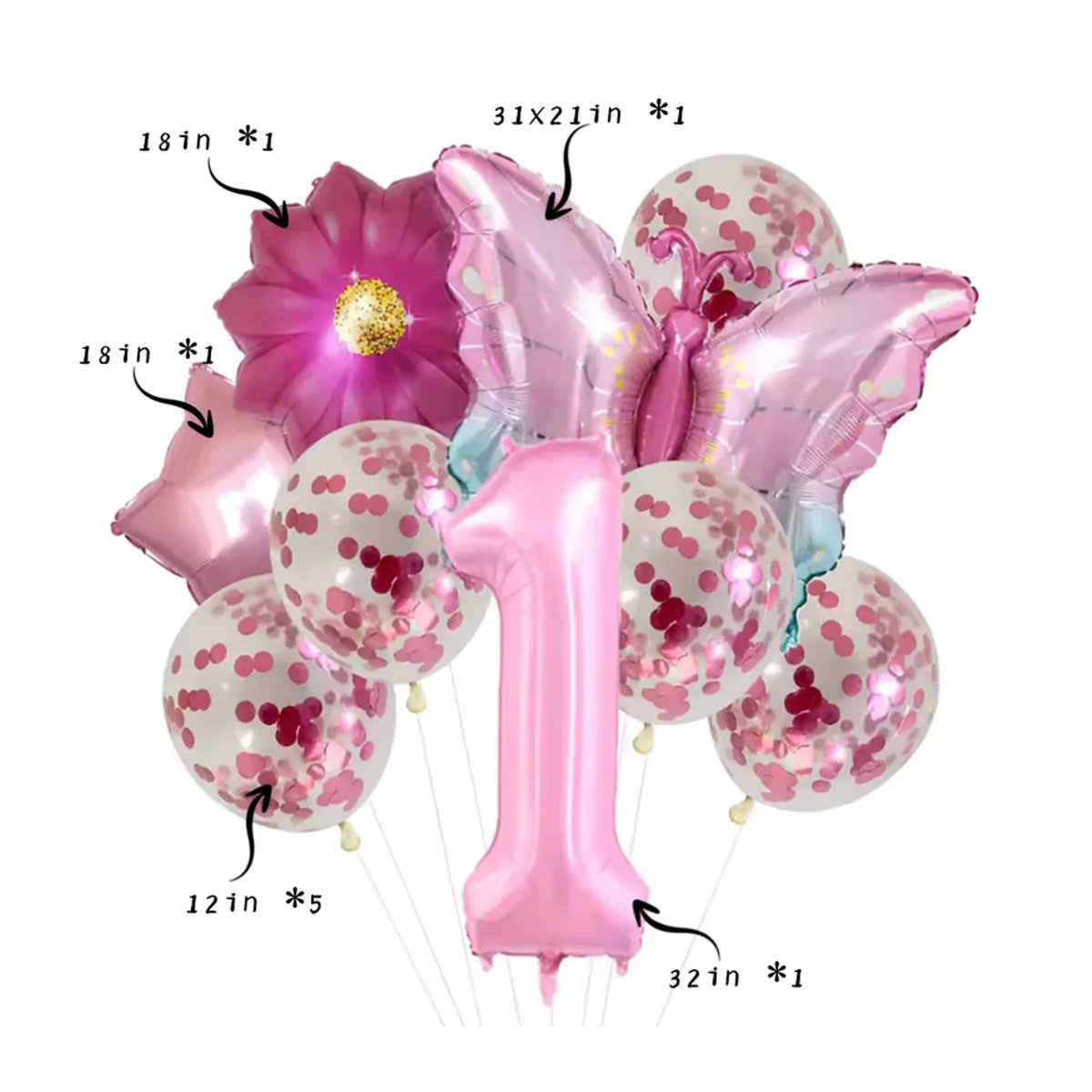 Rosa Latex-Pailletten-Ballon-Set mit Schmetterlingen, Blumen, Zahlen und Sternen für Geburtstage und Jubiläen - Bild 2
