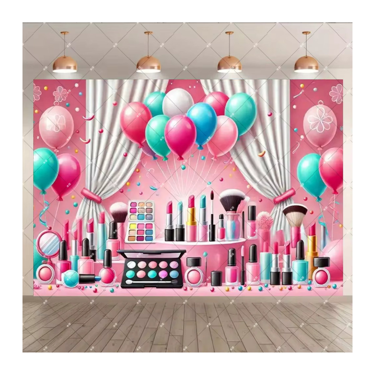 Rosa Make-up Spa Thema Fotohintergrund für Geburtstagsfeiern, Rechteckig, B/H: 120 x 120 cm - Bild 2
