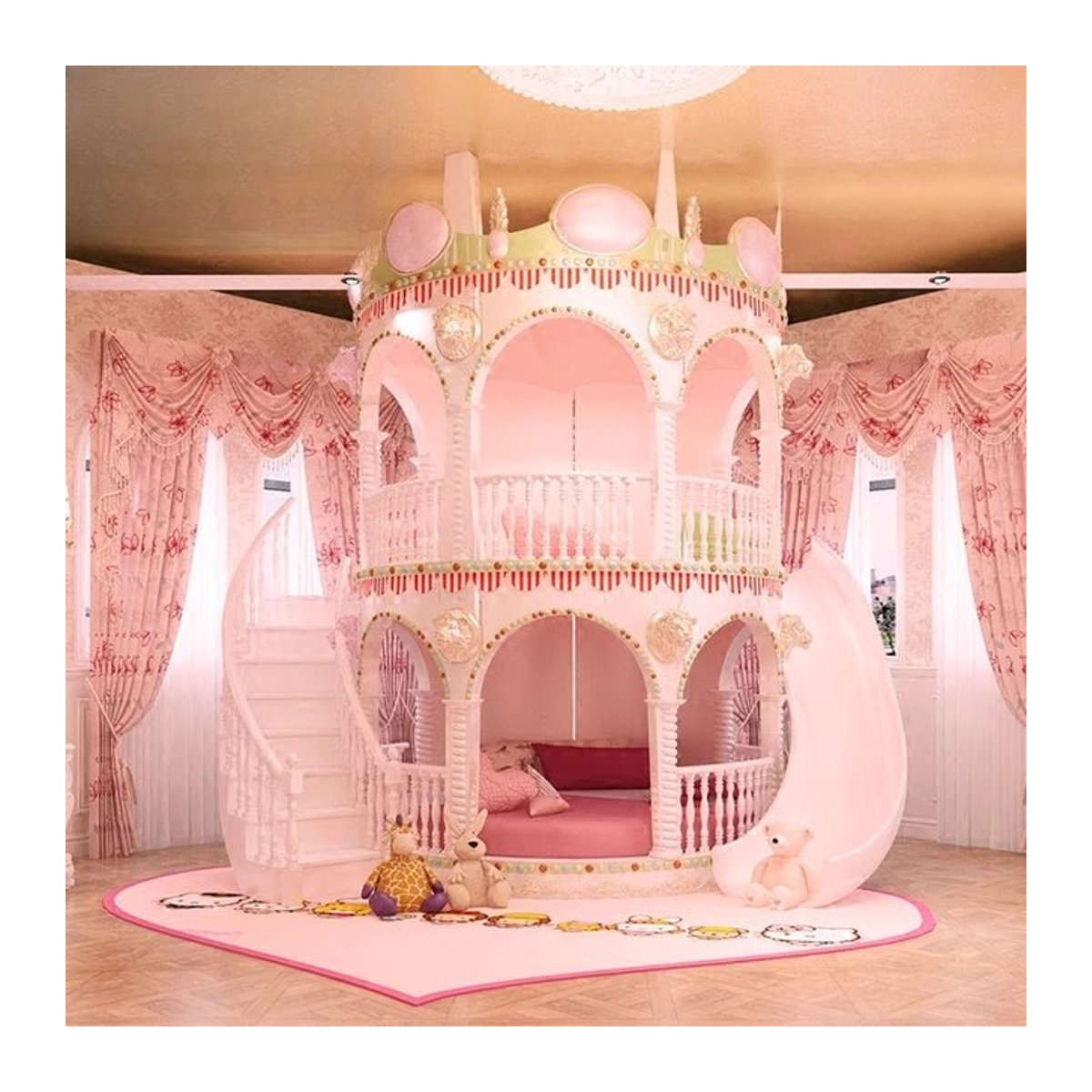 Rosa Prinzessinnenbett mit Rutsche im Traumschloss-Design für Kinder - Bild 1