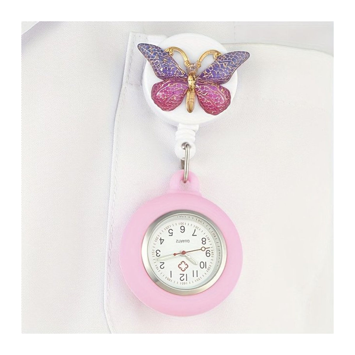 Rosa Schmetterlings-Taschenuhr mit Farbverlauf und rundem Metallgehäuse für Erwachsene - Bild 1