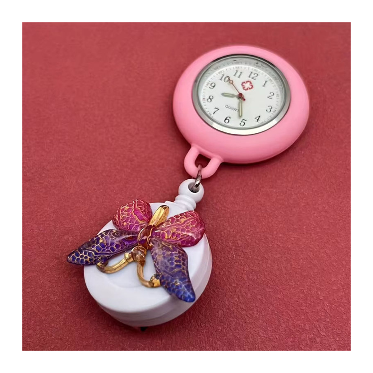 Rosa Schmetterlings-Taschenuhr mit Farbverlauf und rundem Metallgehäuse für Erwachsene - Bild 2