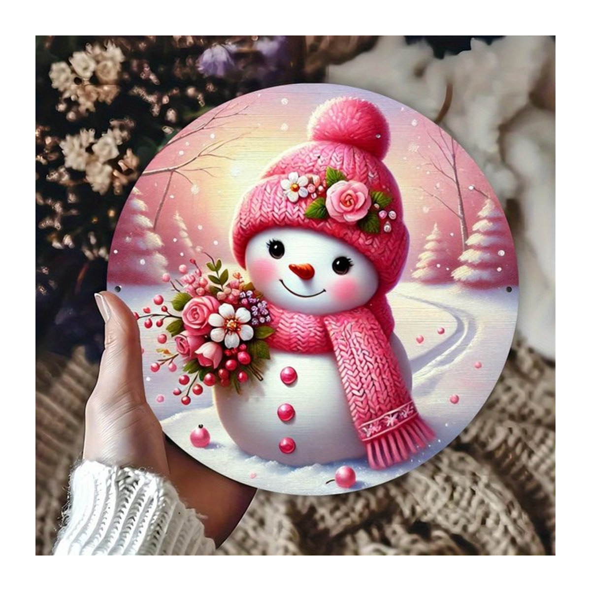 Rosa Schneemann Weihnachts-Metallschild von Potdemiel zur Wandmontage für Innen und Außen - Bild 1