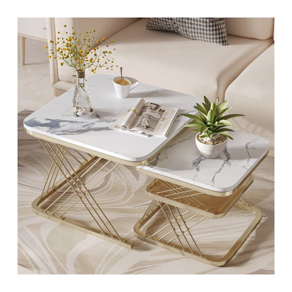 Rosahqnda 2er-Set Couchtisch Modern mit weißer Marmorplatte und goldener Metallbeinstütze Quadratisch - Bild 1