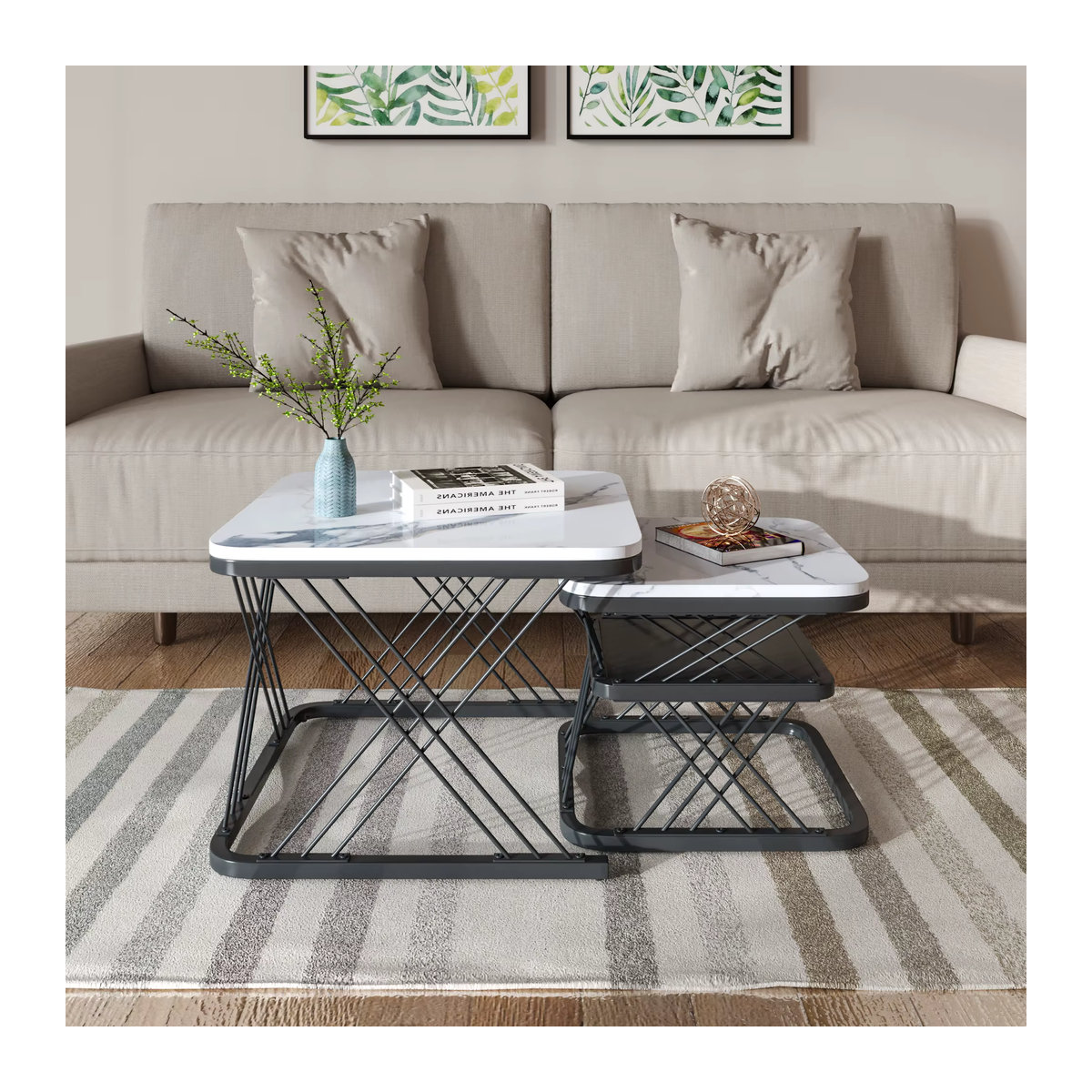 Rosahqnda 2er-Set Couchtisch Modern mit weißer Marmorplatte und goldener Metallbeinstütze Quadratisch - Bild 2