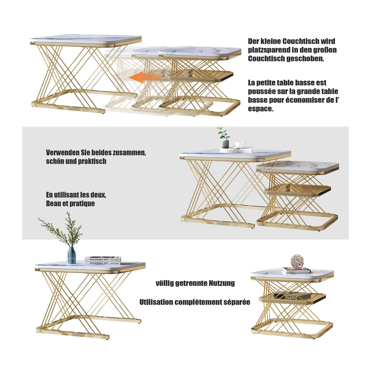 Rosahqnda 2er-Set Couchtisch Modern mit weißer Marmorplatte und goldener Metallbeinstütze Quadratisch - Bild 3