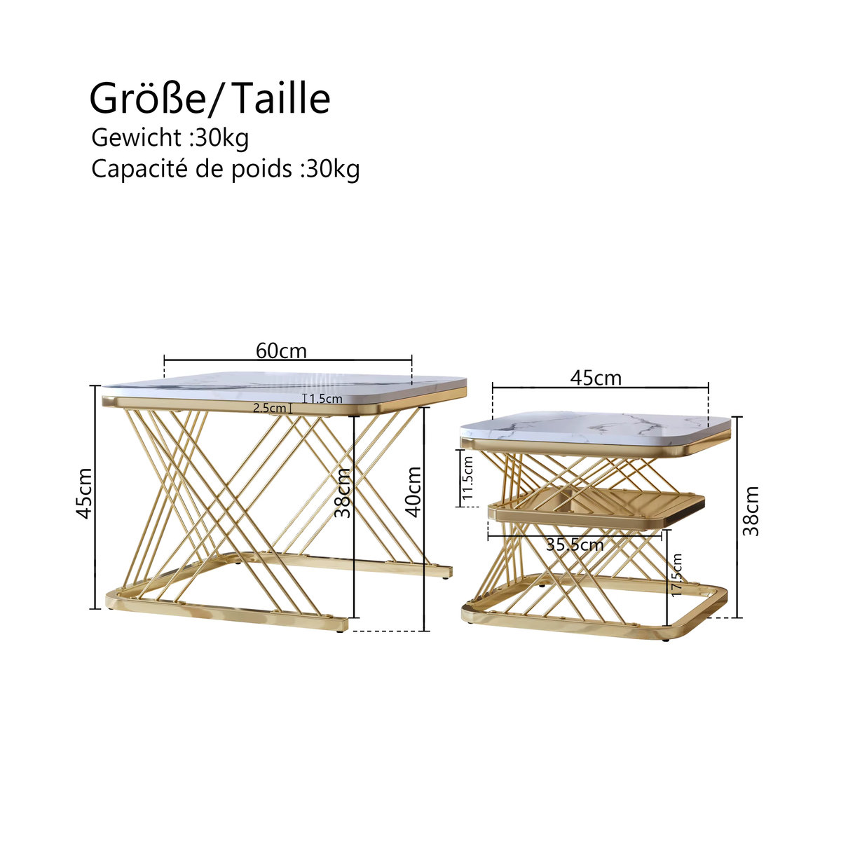 Rosahqnda 2er-Set Couchtisch Modern mit weißer Marmorplatte und goldener Metallbeinstütze Quadratisch - Bild 4