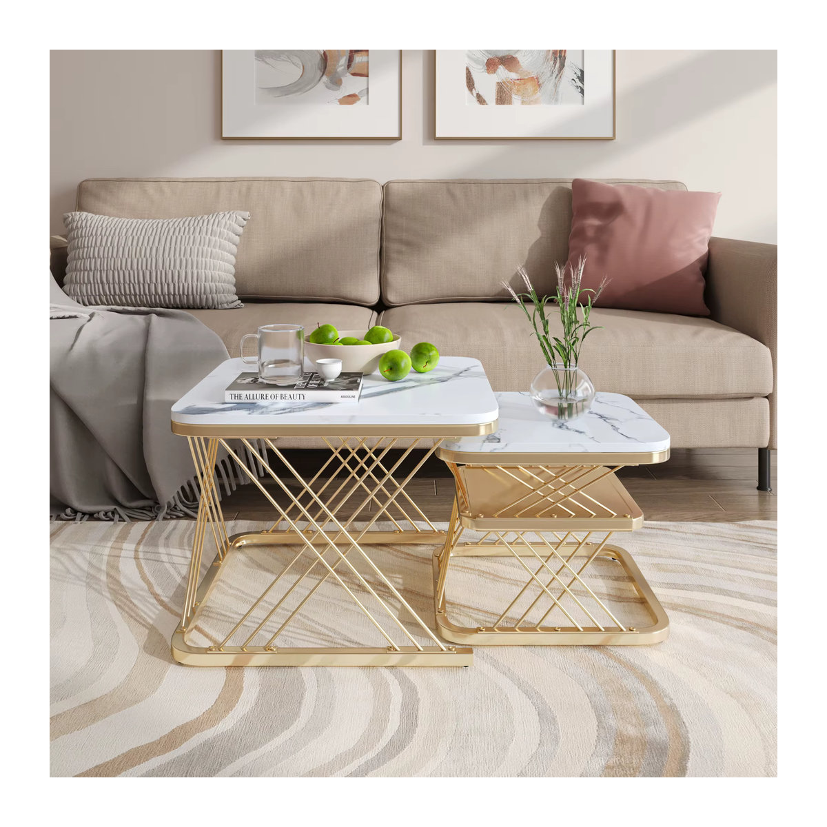 Rosahqnda 2er-Set Couchtisch Modern mit weißer Marmorplatte und goldener Metallbeinstütze Quadratisch - Bild 5