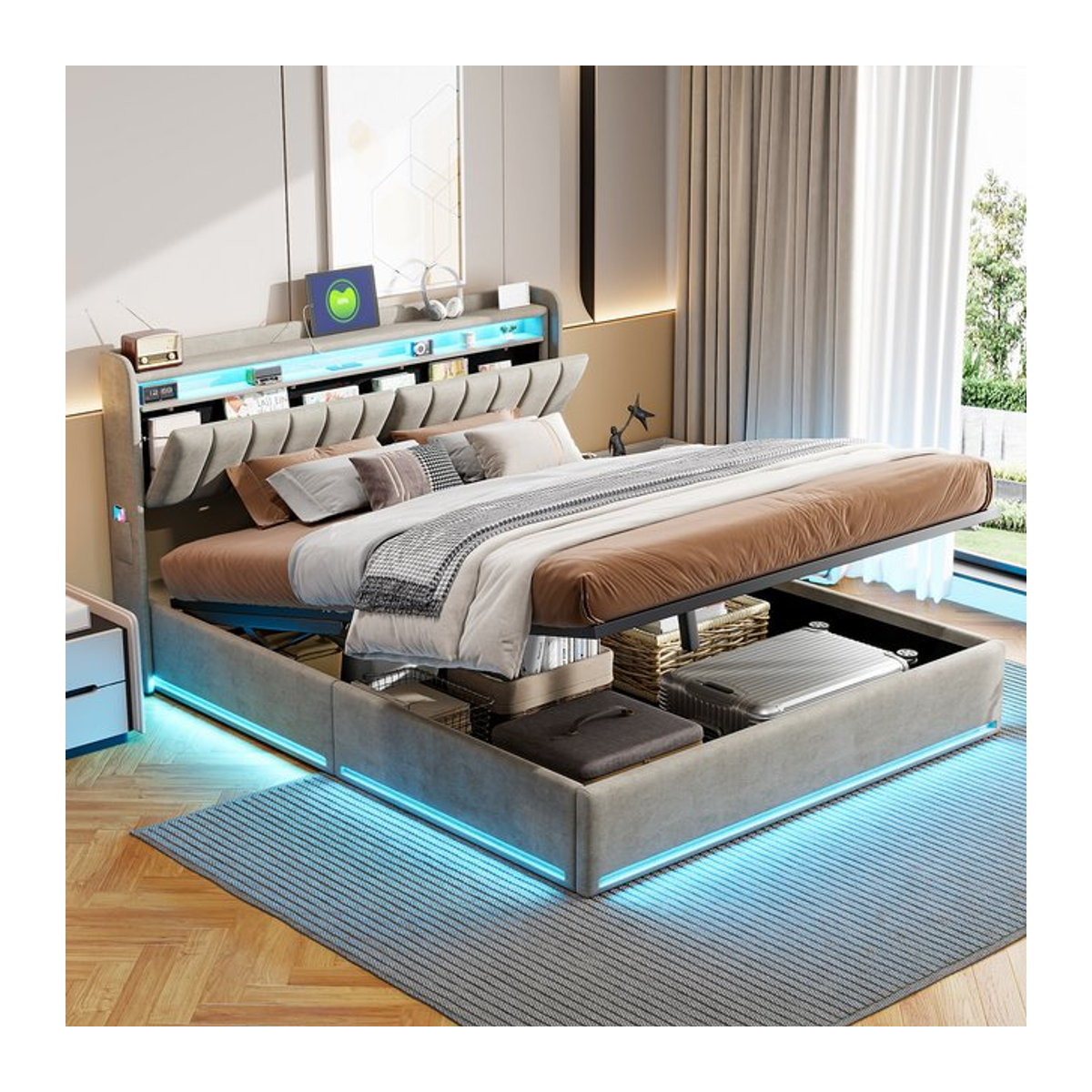 Rosahqnda Doppelbett aus Samtstoff mit LED-Beleuchtung, USB-Anschlüssen und Ablagefach in Grau, B/T/H: 140 x 200 x 0 cm - Bild 1