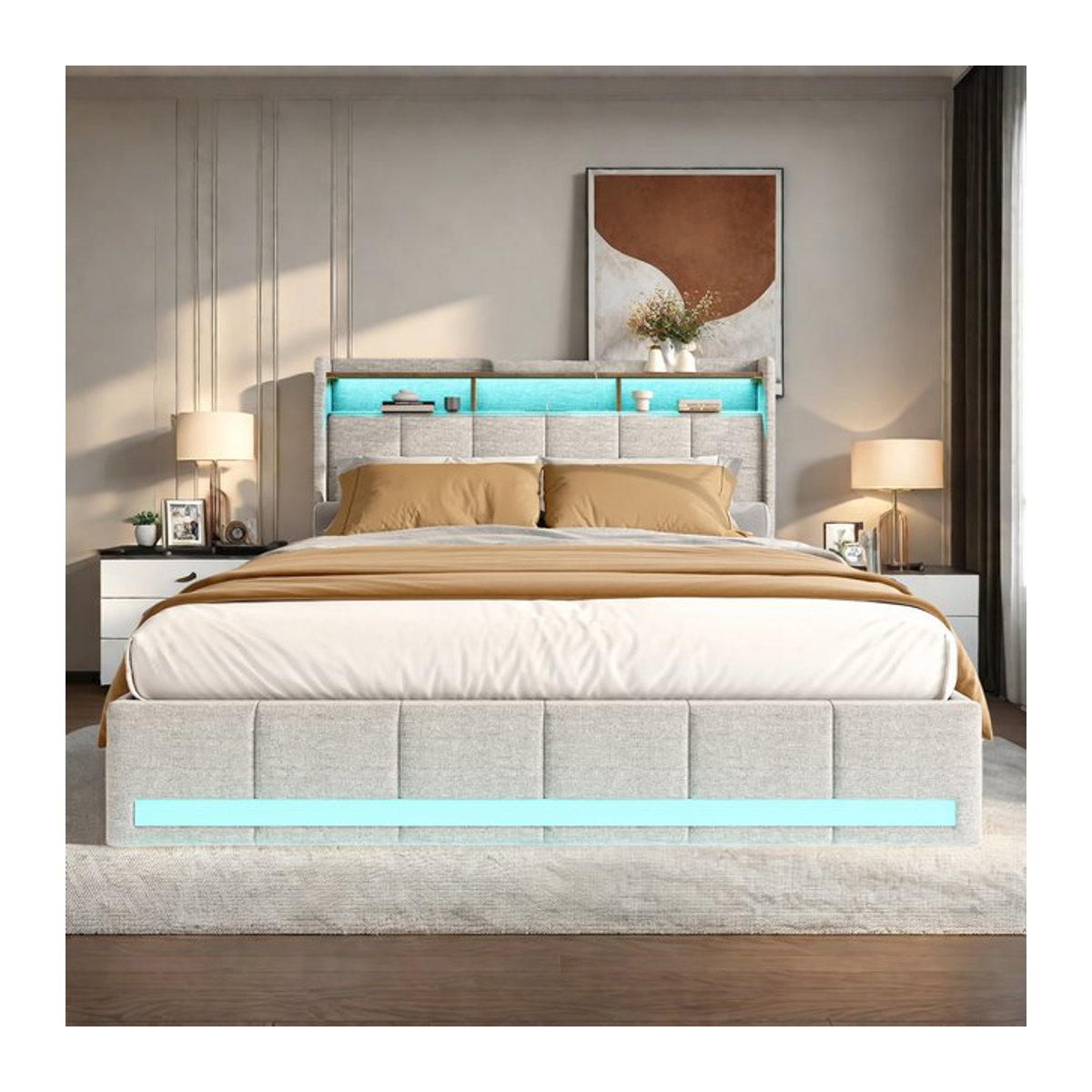 Rosahqnda Funktionsbett als Polsterbett mit LED, USB-Ladefunktion und 4 Schubladen, Modernes Stoffbett für Teenager, Farbe: Rosa, Beige oder Grau, B/T/H: 90 x 200 x 90 cm - Bild 1