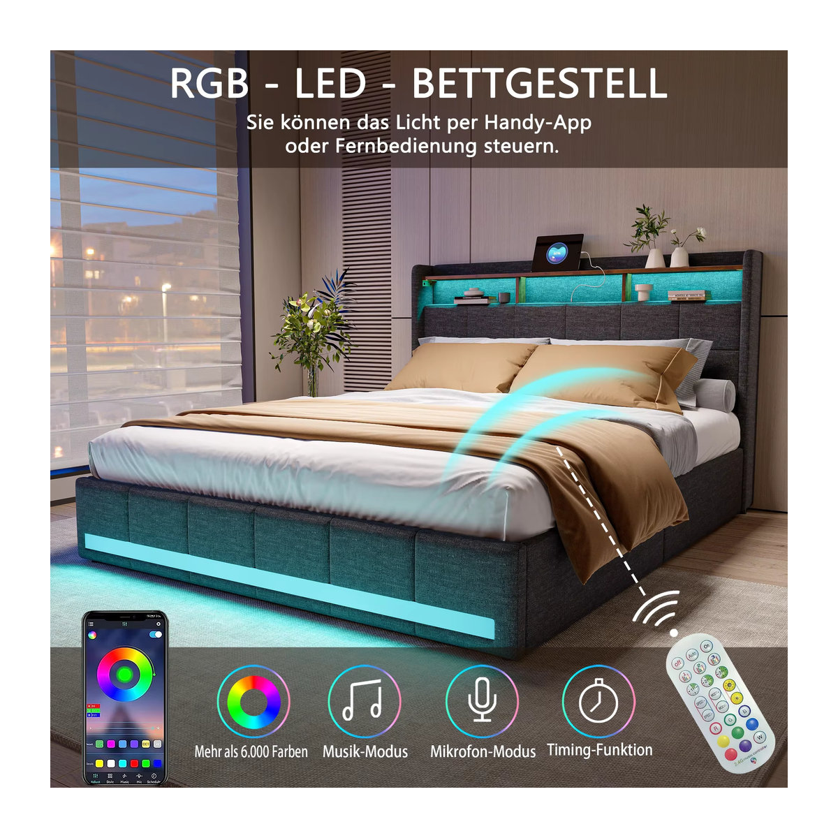 Rosahqnda Funktionsbett als Polsterbett mit LED, USB-Ladefunktion und 4 Schubladen, Modernes Stoffbett für Teenager, Farbe: Rosa, Beige oder Grau, B/T/H: 90 x 200 x 90 cm - Bild 2