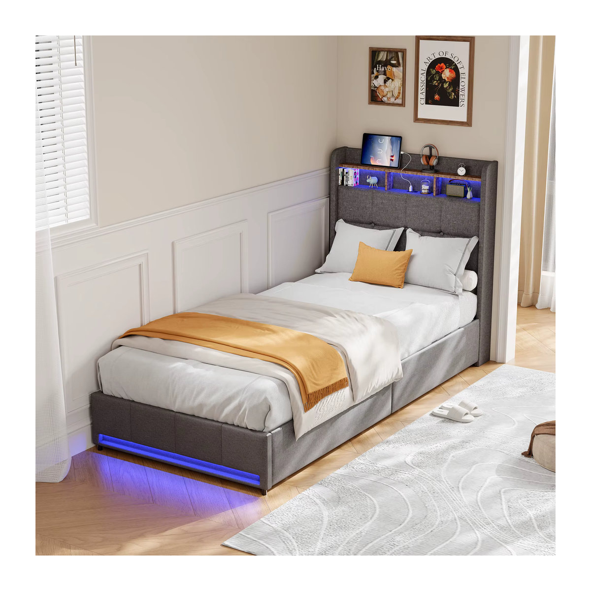 Rosahqnda Funktionsbett als Polsterbett mit LED, USB-Ladefunktion und 4 Schubladen, Modernes Stoffbett für Teenager, Farbe: Rosa, Beige oder Grau, B/T/H: 90 x 200 x 90 cm - Bild 4