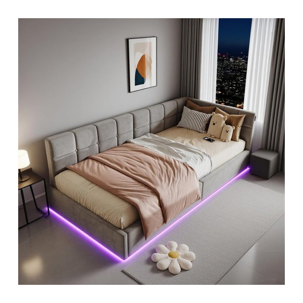 Rosahqnda Gepolstertes Kinderbett mit LED, USB-Anschlüssen und hydraulischem Stauraum in Rosa, Grau und Anthrazit, B/T/H: 90 x 200 cm - Bild 1