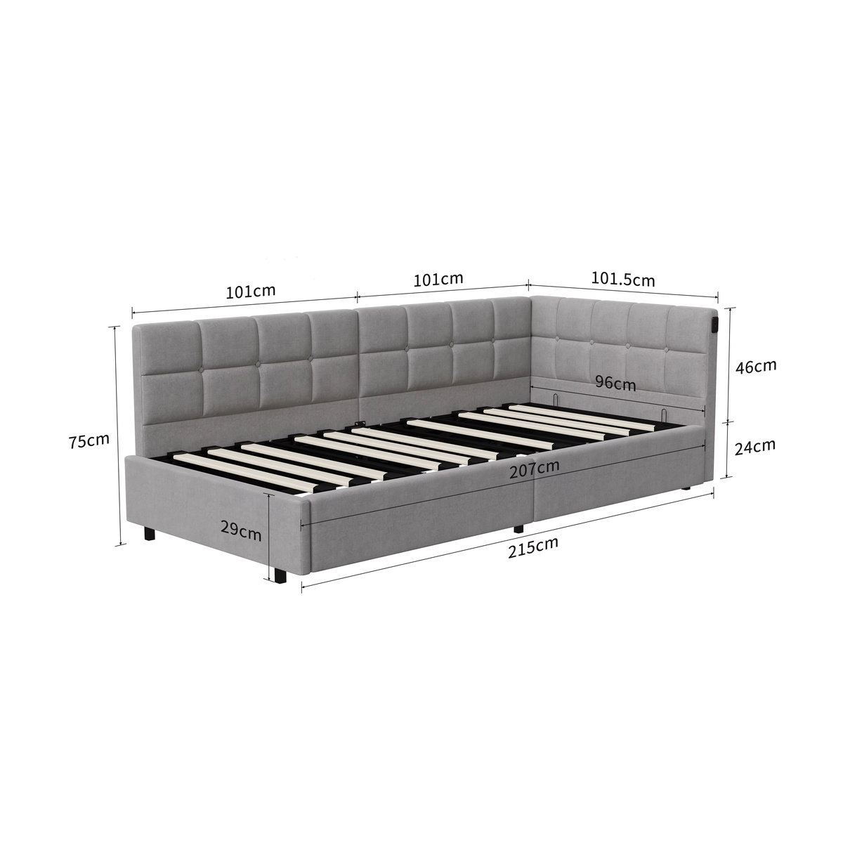 Rosahqnda Gepolstertes Kinderbett mit LED, USB-Anschlüssen und hydraulischem Stauraum in Rosa, Grau und Anthrazit, B/T/H: 90 x 200 cm - Bild 2