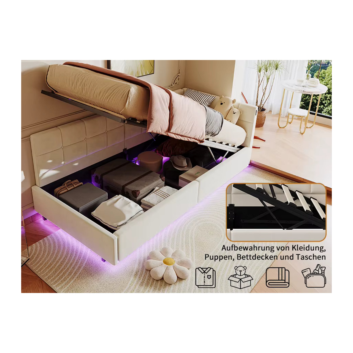 Rosahqnda Gepolstertes Kinderbett mit LED, USB-Anschlüssen und hydraulischem Stauraum in Rosa, Grau und Anthrazit, B/T/H: 90 x 200 cm - Bild 4