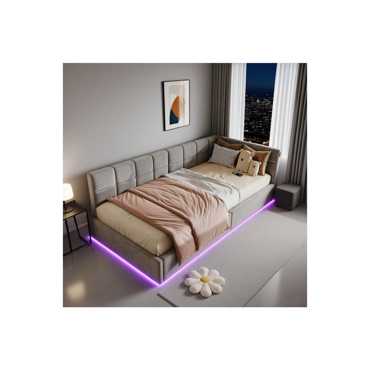 Rosahqnda Gepolstertes Kinderbett mit LED, USB-Anschlüssen und hydraulischem Stauraum in Rosa, Grau und Anthrazit, B/T/H: 90 x 200 cm - Bild 5