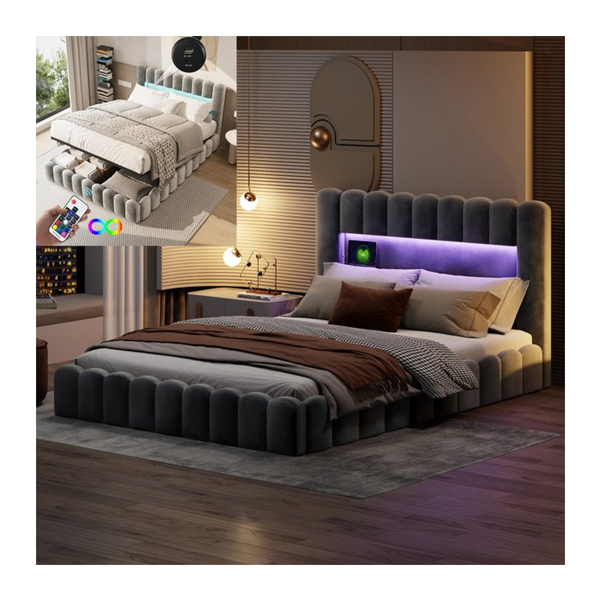 Rosahqnda Hydraulisches Doppelbett aus Samt mit LED, USB und Stauraum, Farbe: Grau, B/T/H: 180 x 200 cm - Bild 1