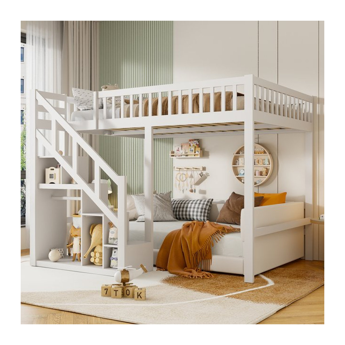 Rosahqnda Kinder-Etagenbett in Weiß mit Treppe und Aufbewahrungsschrank, modernes Multifunktions-Spielbett, B/T: 90 x 200 cm - Bild 1