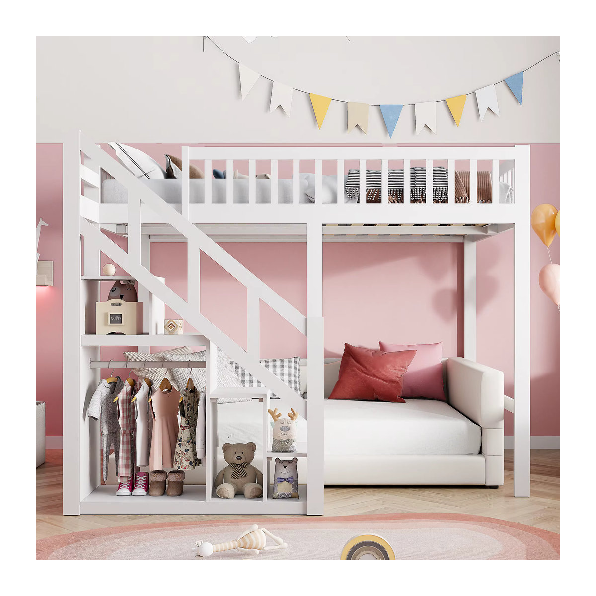 Rosahqnda Kinder-Etagenbett in Weiß mit Treppe und Aufbewahrungsschrank, modernes Multifunktions-Spielbett, B/T: 90 x 200 cm - Bild 2