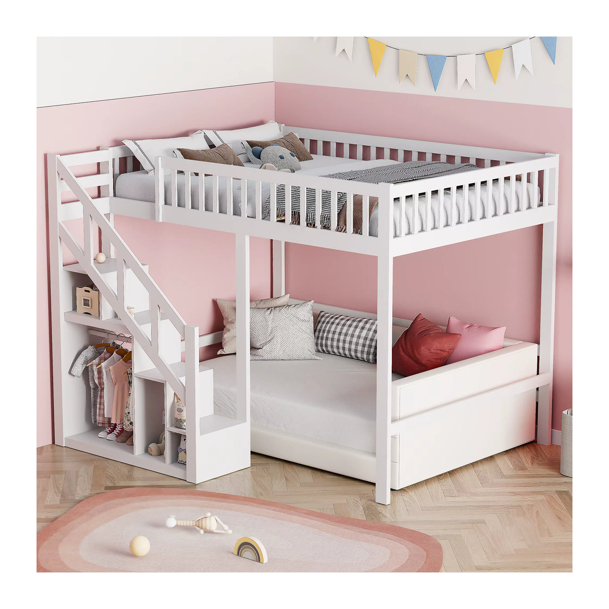Rosahqnda Kinder-Etagenbett in Weiß mit Treppe und Aufbewahrungsschrank, modernes Multifunktions-Spielbett, B/T: 90 x 200 cm - Bild 4