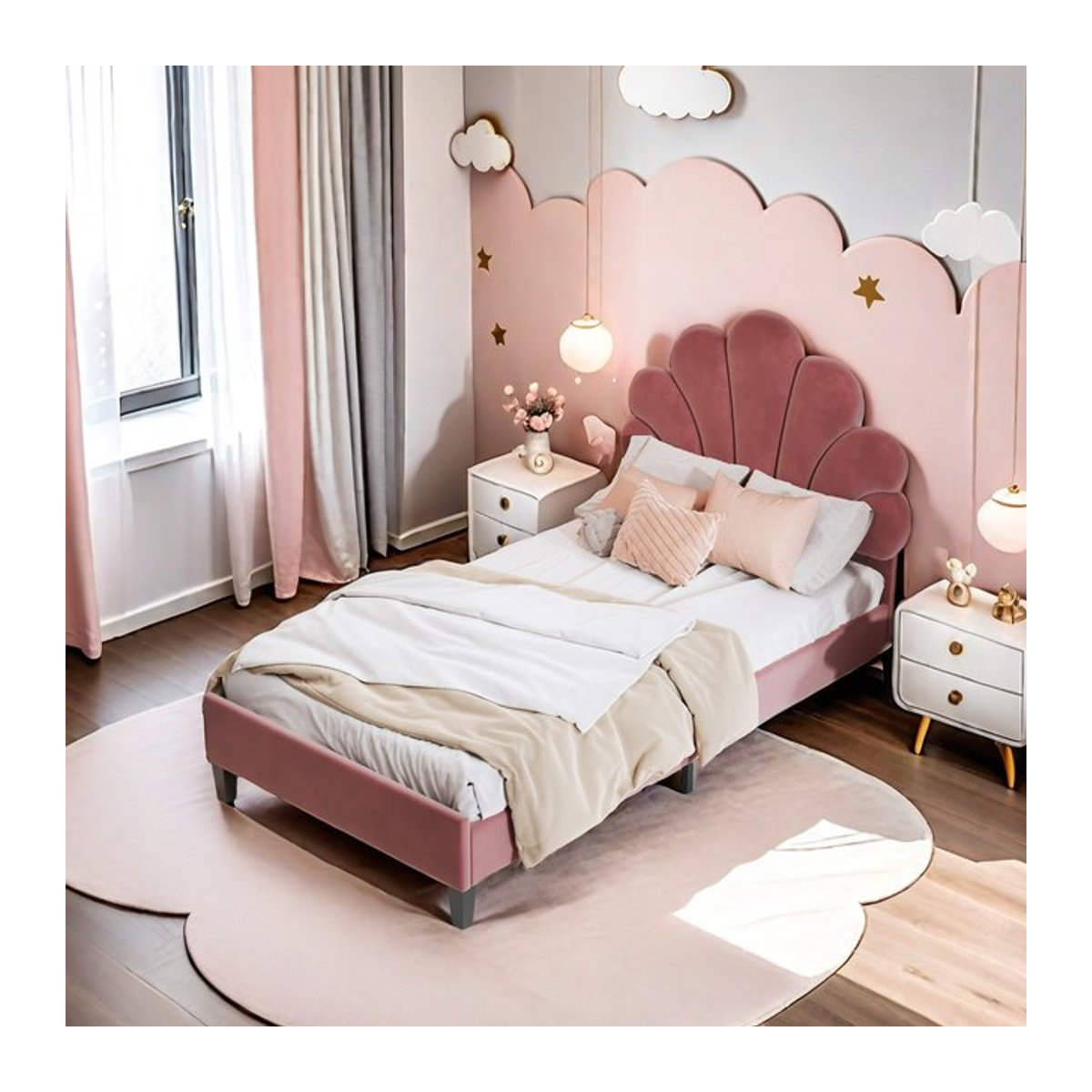 Rosahqnda Kinderbett als Polsterbett für Mädchen in Rosa und Beige mit höhenverstellbarem Blumenkopfteil aus Samt - Bild 1