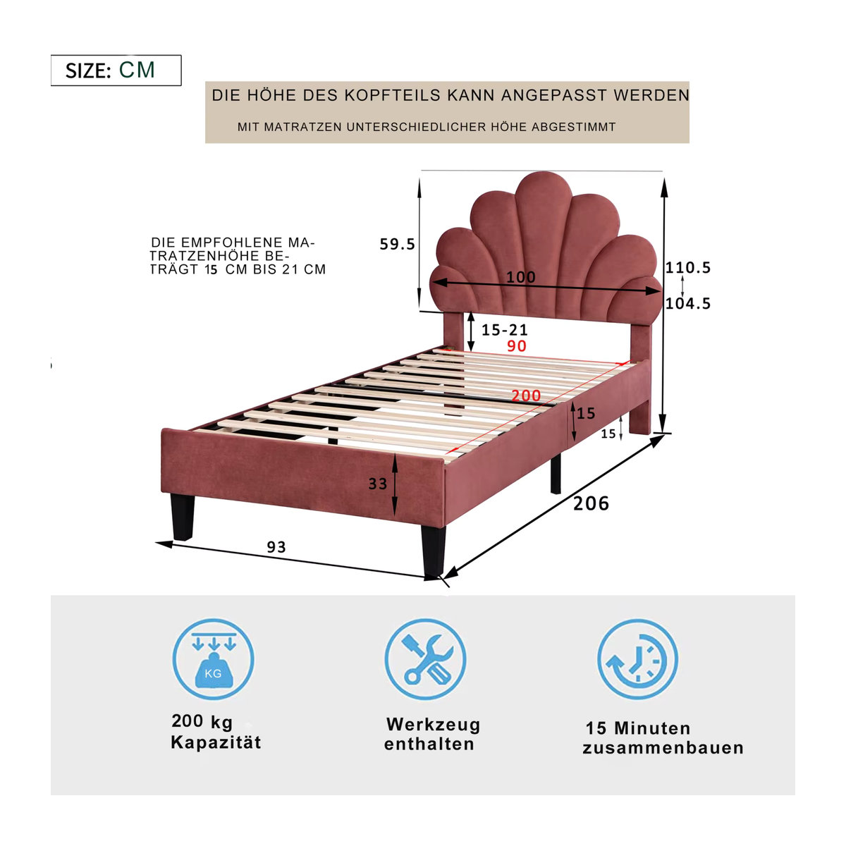 Rosahqnda Kinderbett als Polsterbett für Mädchen in Rosa und Beige mit höhenverstellbarem Blumenkopfteil aus Samt - Bild 2