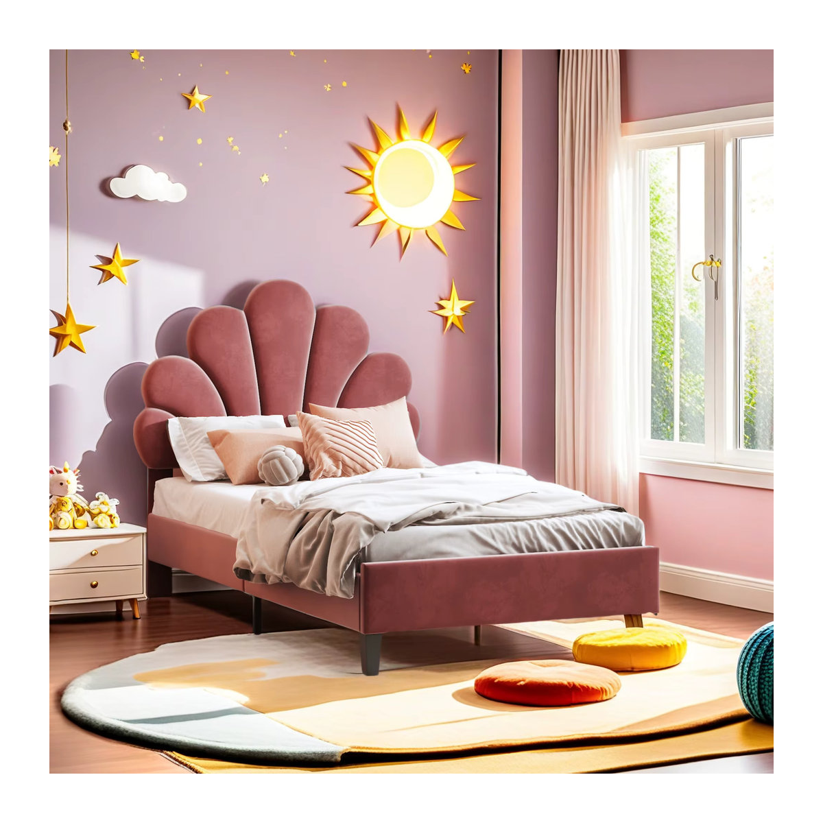Rosahqnda Kinderbett als Polsterbett für Mädchen in Rosa und Beige mit höhenverstellbarem Blumenkopfteil aus Samt - Bild 3