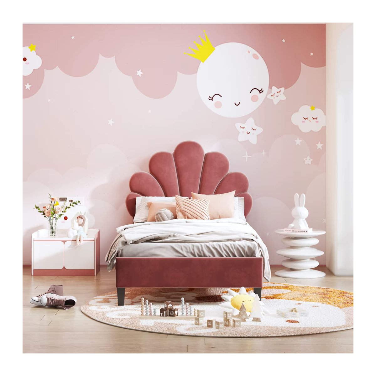Rosahqnda Kinderbett als Polsterbett für Mädchen in Rosa und Beige mit höhenverstellbarem Blumenkopfteil aus Samt - Bild 4