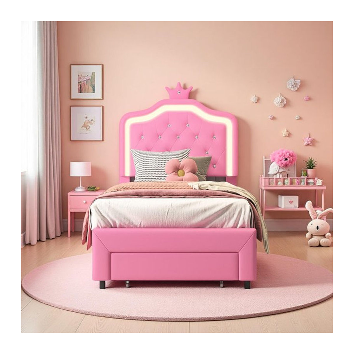 Rosahqnda Kinderpolsterbett mit LED-Lichtleiste und Schubladen in Rosa und Weiß, Material: Kunstleder, B/T/H: 200 x 90 x 90 cm - Bild 1