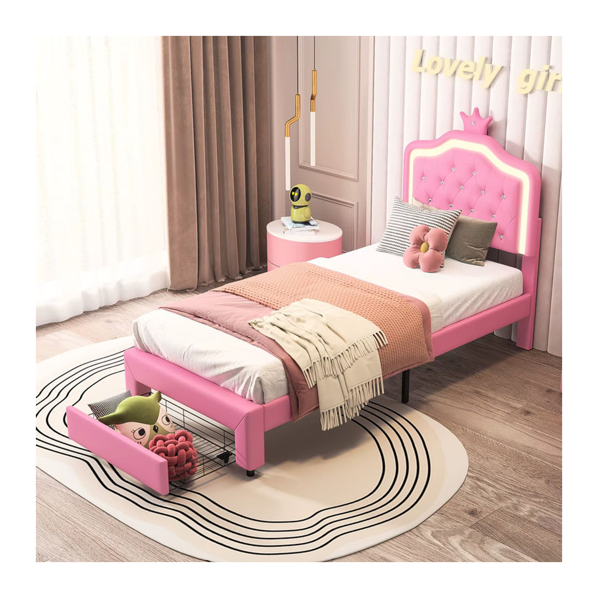Rosahqnda Kinderpolsterbett mit LED-Lichtleiste und Schubladen in Rosa und Weiß, Material: Kunstleder, B/T/H: 200 x 90 x 90 cm - Bild 2