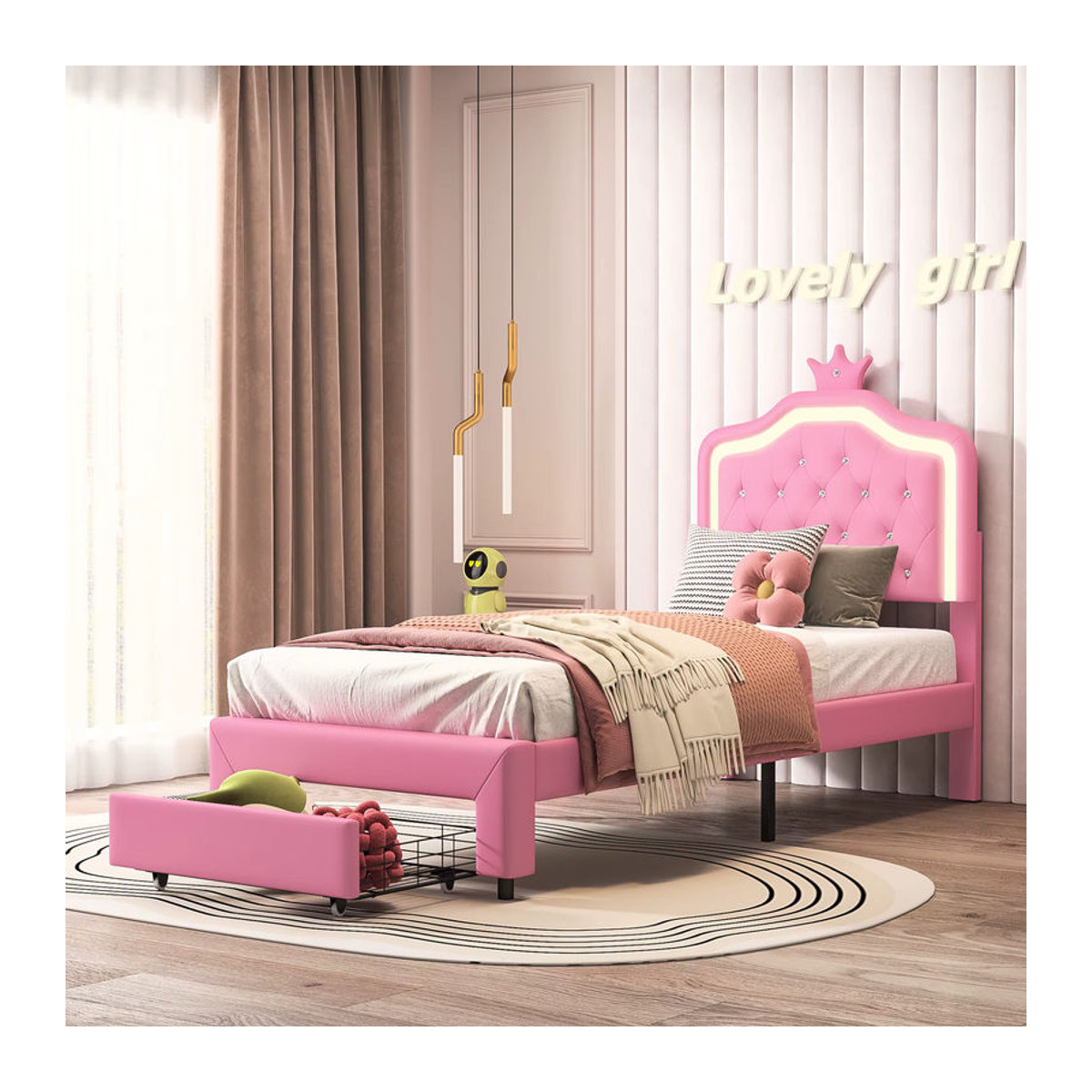 Rosahqnda Kinderpolsterbett mit LED-Lichtleiste und Schubladen in Rosa und Weiß, Material: Kunstleder, B/T/H: 200 x 90 x 90 cm - Bild 3