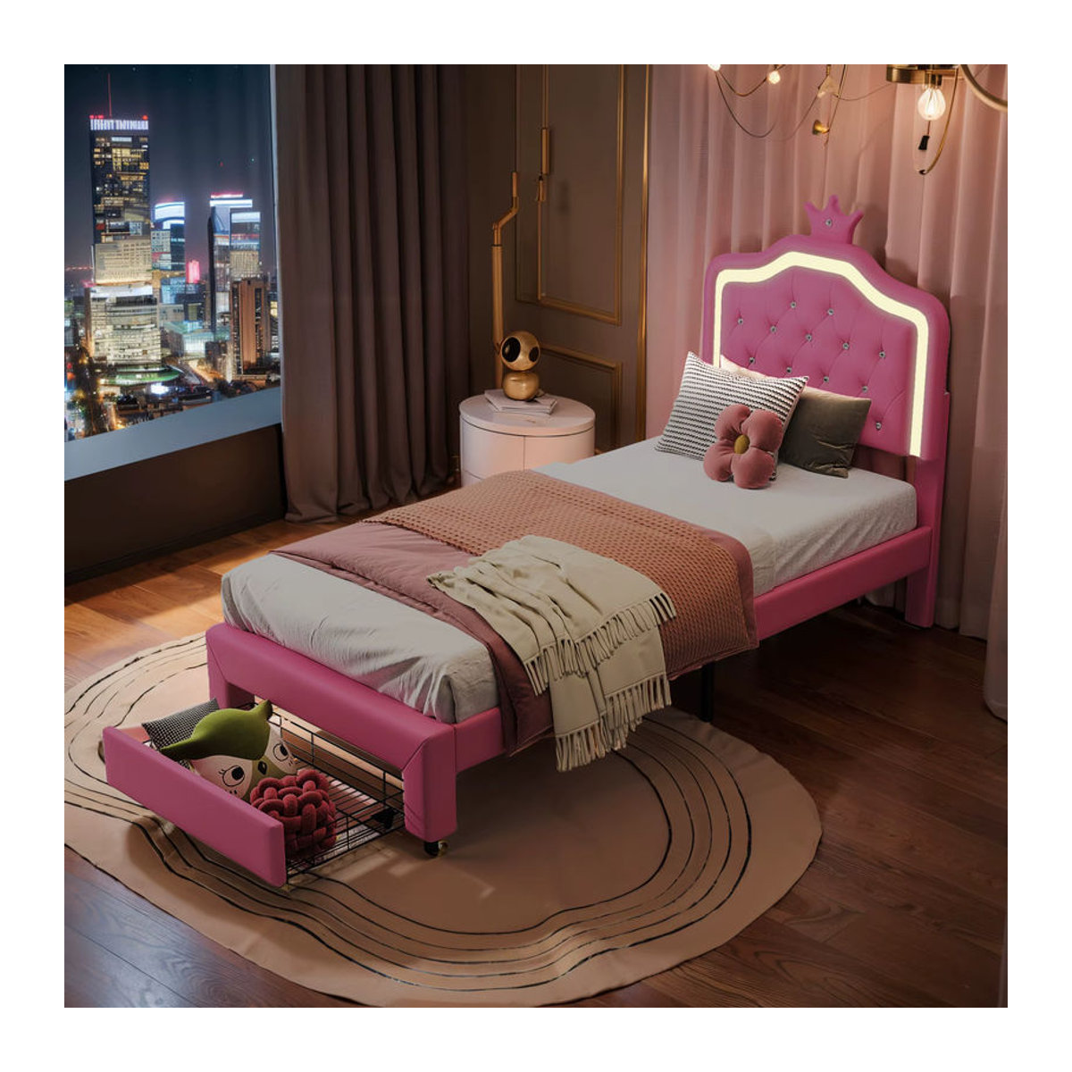 Rosahqnda Kinderpolsterbett mit LED-Lichtleiste und Schubladen in Rosa und Weiß, Material: Kunstleder, B/T/H: 200 x 90 x 90 cm - Bild 4